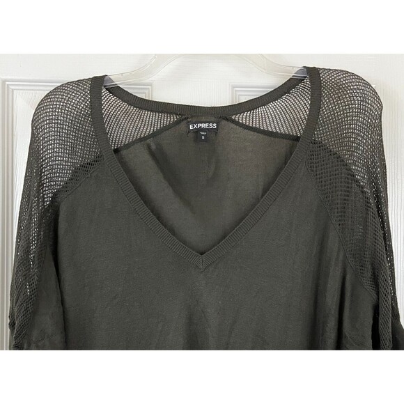 EXPRESS - Green 3/4 Dolman Sleeve Mesh Shoulders Light Wt Rayon Blend Sweater Sm - Picture 2 of 7